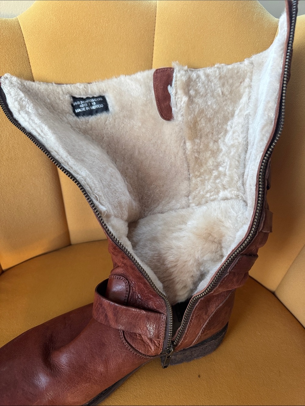 Frye Brown Leather Buckle Mid-Calf Boots, faux fur lined - Picture 3 of 4